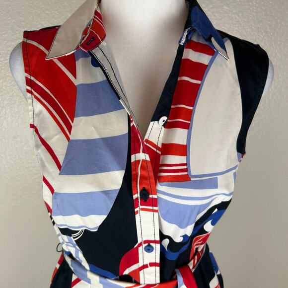 Talbots Navy Nautical Sailboat Pockets Belted Sleeveless Shirt Dress Preppy - Picture 9 of 12